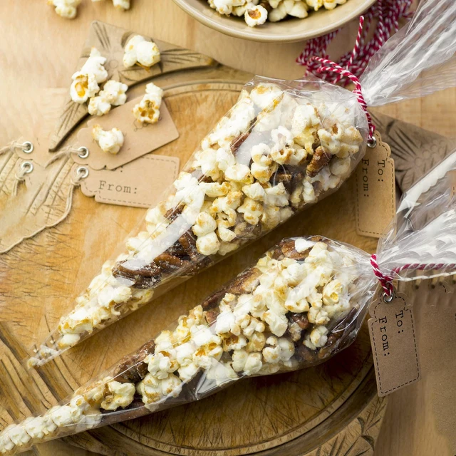 Alt view image 3 of 7 - Cone Shaped Treat Bags, 5x10 in Clear Popcorn Bags with Ties 200Pcs | Cone Cellophane Bags, Clear Triangle Plastic Bags for Party Favor, Popcorn, Candy