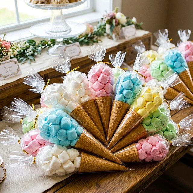 Alt view image 4 of 7 - Cone Shaped Treat Bags, 5x10 in Clear Popcorn Bags with Ties 200Pcs | Cone Cellophane Bags, Clear Triangle Plastic Bags for Party Favor, Popcorn, Candy