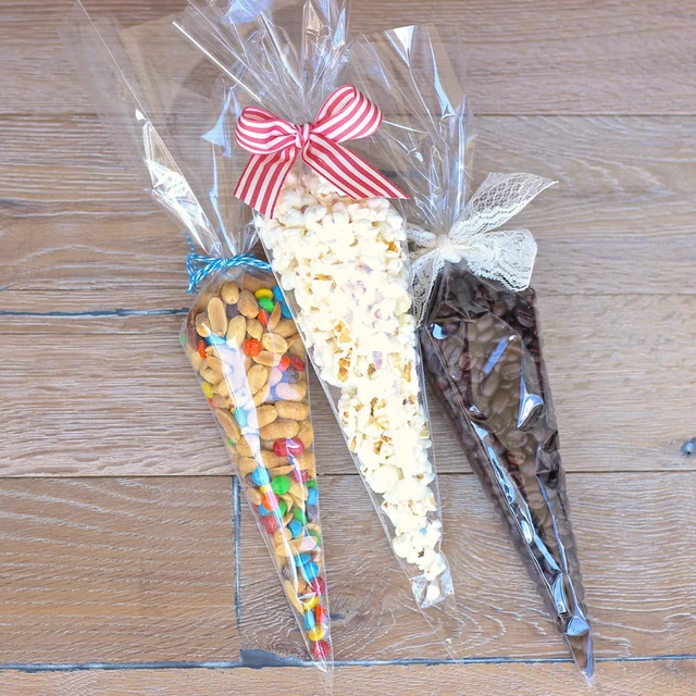 Alt view image 7 of 7 - Cone Shaped Treat Bags, 5x10 in Clear Popcorn Bags with Ties 200Pcs | Cone Cellophane Bags, Clear Triangle Plastic Bags for Party Favor, Popcorn, Candy
