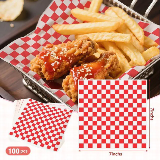 Alt view image 2 of 7 - 100pcs Waxed Deli Paper Sheets, 7x7" Food Basket Liners for Sandwiches, Burgers. Classic Checkered Deli Wrap Wax Paper Sheets by Neyimqr (Red)