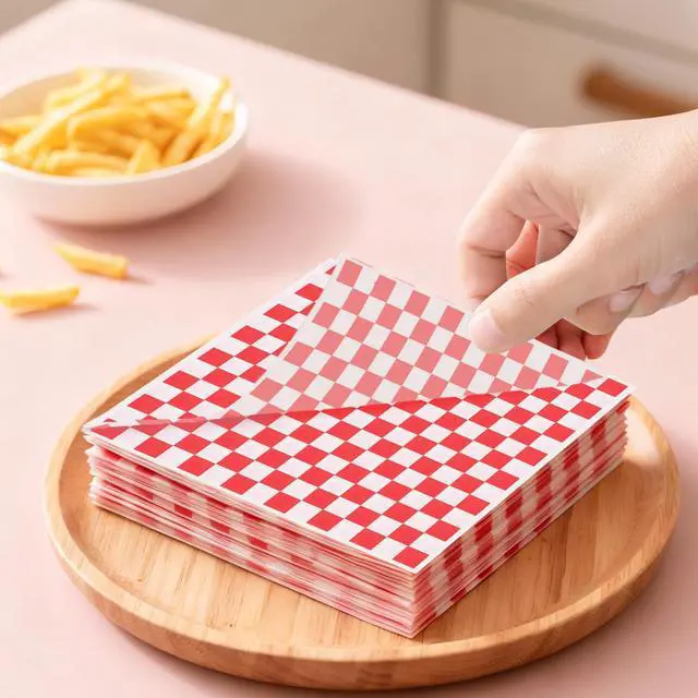 Alt view image 4 of 7 - 100pcs Waxed Deli Paper Sheets, 7x7" Food Basket Liners for Sandwiches, Burgers. Classic Checkered Deli Wrap Wax Paper Sheets by Neyimqr (Red)
