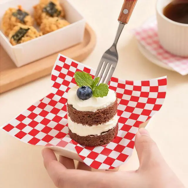 Alt view image 5 of 7 - 100pcs Waxed Deli Paper Sheets, 7x7" Food Basket Liners for Sandwiches, Burgers. Classic Checkered Deli Wrap Wax Paper Sheets by Neyimqr (Red)