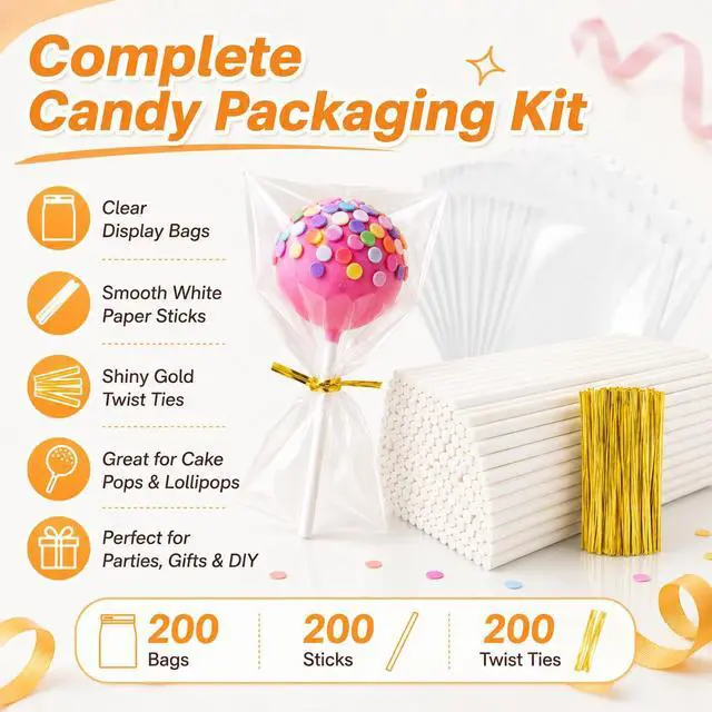 Alt view image 3 of 7 - 600 Pcs Cake Pop Sticks and Wrappers Kit for Candy and Parties | 200 Cake Pop Sticks, 200 Clear Treat Bags and 200 Twist Ties for Lollipops, Candy, Chocolate, Cookies and Favors