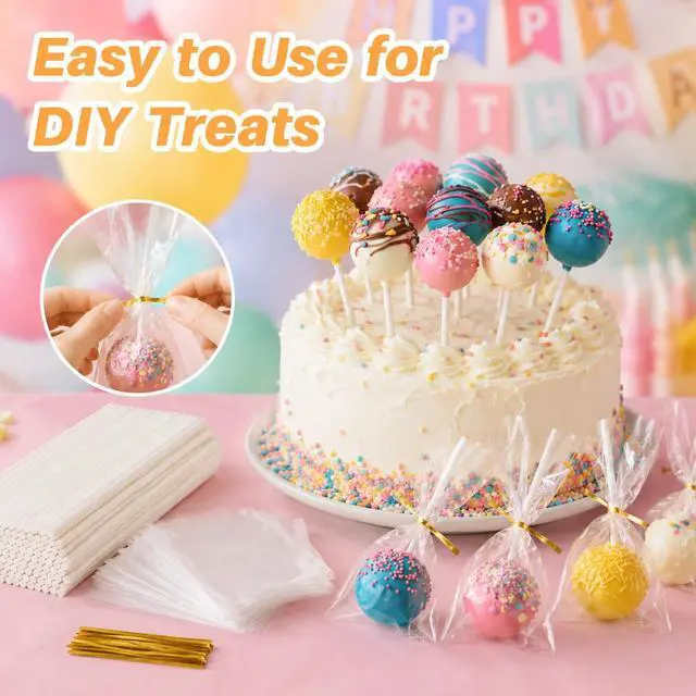Alt view image 2 of 7 - 600 Pcs Cake Pop Sticks and Wrappers Kit for Candy and Parties | 200 Cake Pop Sticks, 200 Clear Treat Bags and 200 Twist Ties for Lollipops, Candy, Chocolate, Cookies and Favors