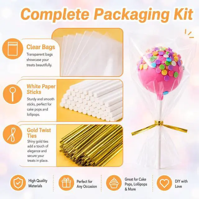 Alt view image 5 of 7 - 600 Pcs Cake Pop Sticks and Wrappers Kit for Candy and Parties | 200 Cake Pop Sticks, 200 Clear Treat Bags and 200 Twist Ties for Lollipops, Candy, Chocolate, Cookies and Favors
