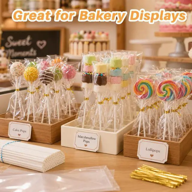 Alt view image 7 of 7 - 600 Pcs Cake Pop Sticks and Wrappers Kit for Candy and Parties | 200 Cake Pop Sticks, 200 Clear Treat Bags and 200 Twist Ties for Lollipops, Candy, Chocolate, Cookies and Favors