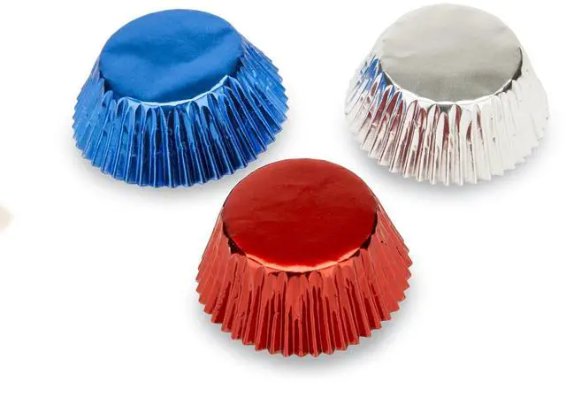 Main image of Patriotic Muffin and Cupcake Liners, 45 Standard Size Foil Wrappers | Fun Red White And Blue Cupcake Liners | Standard Sized Baking Wrappers | Muffin & Cupcake Liners For 4th of July | Disposable
