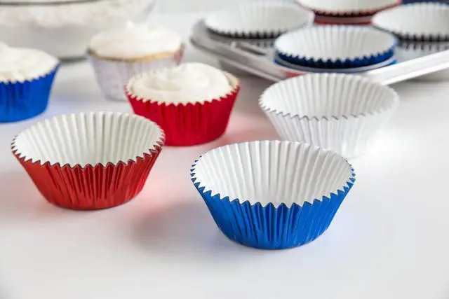 Alt view image 7 of 7 - Patriotic Muffin and Cupcake Liners, 45 Standard Size Foil Wrappers | Fun Red White And Blue Cupcake Liners | Standard Sized Baking Wrappers | Muffin & Cupcake Liners For 4th of July | Disposable