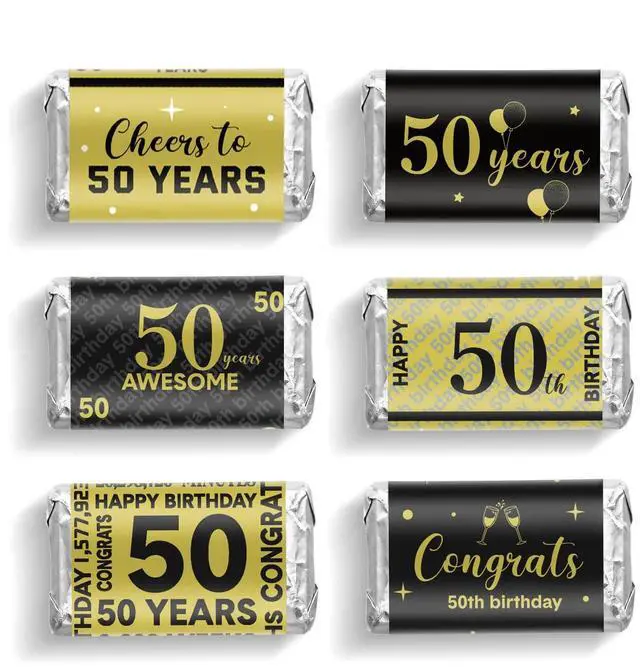 Main image of 90 Pcs 50th Birthday Candy Wrappers, Black and Gold Stickers | Mini Chocolate Labels, Anniversary Party Favors, Milestone Celebration Decorations, Wrapper Stickers for Birthday Treats