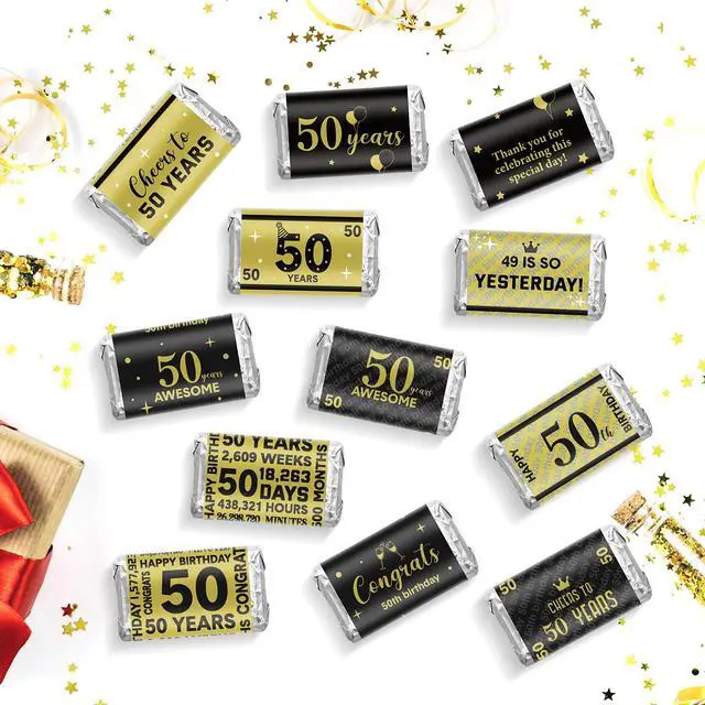 Alt view image 4 of 7 - 90 Pcs 50th Birthday Candy Wrappers, Black and Gold Stickers | Mini Chocolate Labels, Anniversary Party Favors, Milestone Celebration Decorations, Wrapper Stickers for Birthday Treats