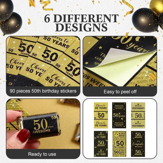 Alt view image 3 of 7 - 90 Pcs 50th Birthday Candy Wrappers, Black and Gold Stickers | Mini Chocolate Labels, Anniversary Party Favors, Milestone Celebration Decorations, Wrapper Stickers for Birthday Treats