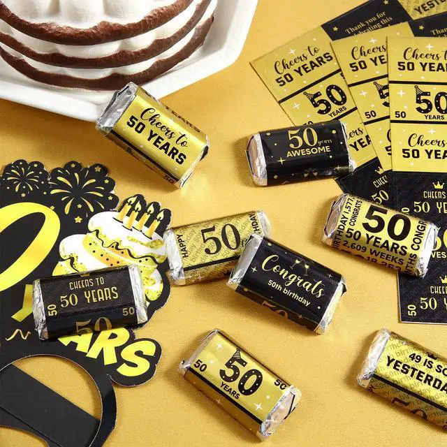 Alt view image 5 of 7 - 90 Pcs 50th Birthday Candy Wrappers, Black and Gold Stickers | Mini Chocolate Labels, Anniversary Party Favors, Milestone Celebration Decorations, Wrapper Stickers for Birthday Treats