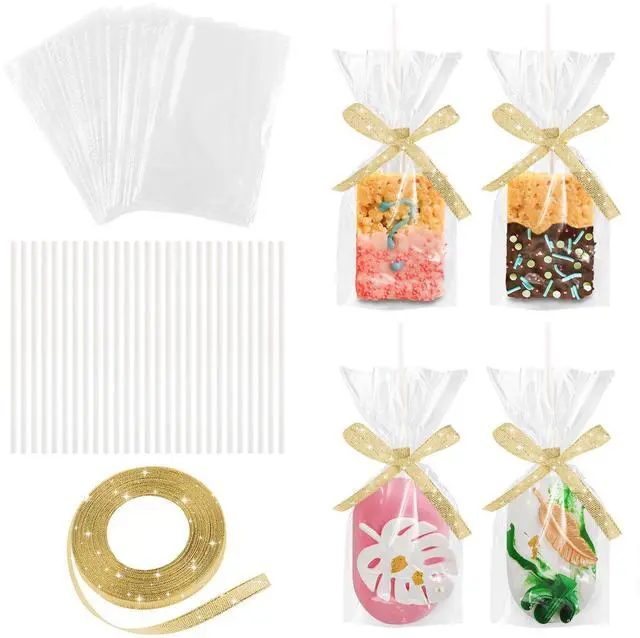 Main image of 50-Pack Clear Rice Crispy Treats Bag and Sticks, Treats Wrappers Kit, Gold | Rice Crispy Treat Wrappers Kit, Treat Packaging Holder, Clear Plastic Container, Gold Ribbon, for Halloween, Party Supplies
