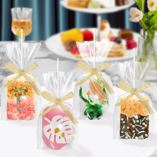 Alt view image 2 of 7 - 50-Pack Clear Rice Crispy Treats Bag and Sticks, Treats Wrappers Kit, Gold | Rice Crispy Treat Wrappers Kit, Treat Packaging Holder, Clear Plastic Container, Gold Ribbon, for Halloween, Party Supplies
