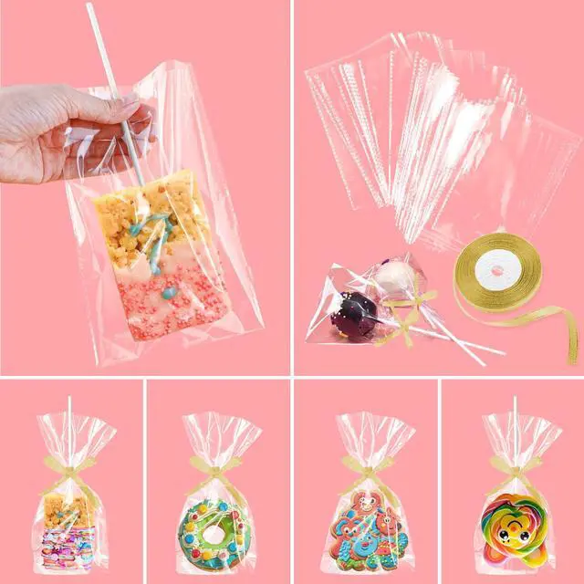 Alt view image 6 of 7 - 50-Pack Clear Rice Crispy Treats Bag and Sticks, Treats Wrappers Kit, Gold | Rice Crispy Treat Wrappers Kit, Treat Packaging Holder, Clear Plastic Container, Gold Ribbon, for Halloween, Party Supplies