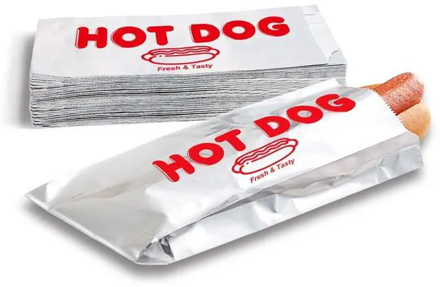 Main image of Foil Hot Dog Wrappers, Foil Laminated Paper Bags, 9" x 3.7",50 Pack,Insulated,Grease Resistant Hot Dog Sleeves, Disposable Bulk Hot Dog Bags for Carnival,Party,Food Cart,Concession Stand (50)