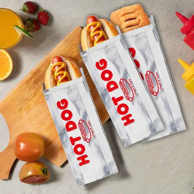 Alt view image 2 of 7 - Foil Hot Dog Wrappers, Foil Laminated Paper Bags, 9" x 3.7",50 Pack,Insulated,Grease Resistant Hot Dog Sleeves, Disposable Bulk Hot Dog Bags for Carnival,Party,Food Cart,Concession Stand (50)