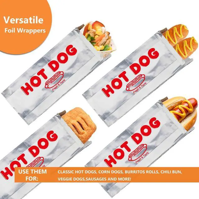 Alt view image 3 of 7 - Foil Hot Dog Wrappers, Foil Laminated Paper Bags, 9" x 3.7",50 Pack,Insulated,Grease Resistant Hot Dog Sleeves, Disposable Bulk Hot Dog Bags for Carnival,Party,Food Cart,Concession Stand (50)