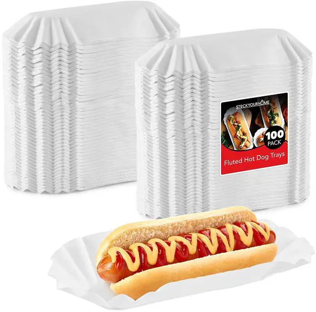 Main image of Paper Hot Dog Trays (100 Pack) 6 Fluted Paper Hot Dog Liners - Disposable White Hot Dog Wrappers - Rectangular Food Trays for To-Go Orders, Takeout, Concessions Stands, Festivals