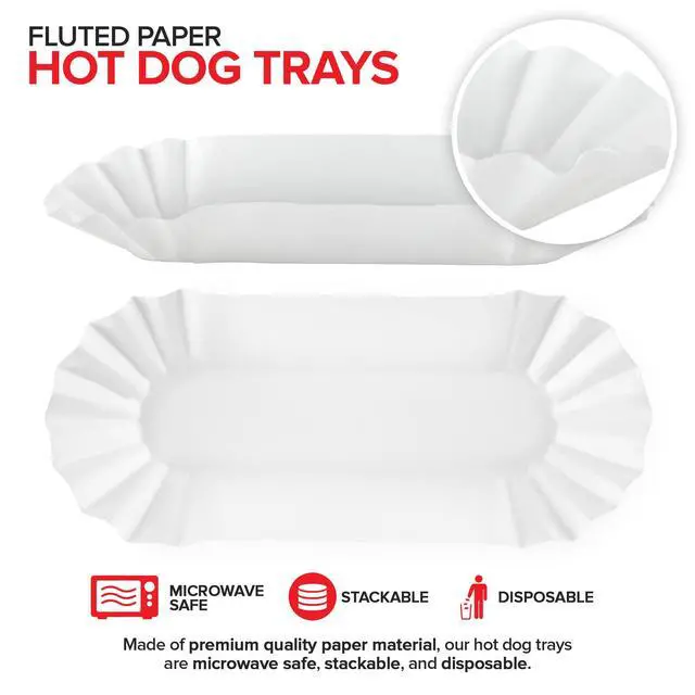 Alt view image 3 of 7 - Paper Hot Dog Trays (100 Pack) 6 Fluted Paper Hot Dog Liners - Disposable White Hot Dog Wrappers - Rectangular Food Trays for To-Go Orders, Takeout, Concessions Stands, Festivals