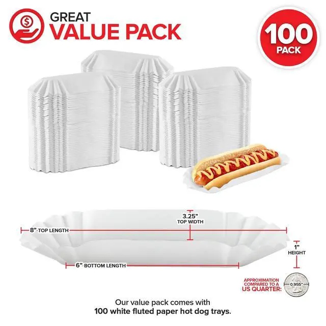 Alt view image 2 of 7 - Paper Hot Dog Trays (100 Pack) 6 Fluted Paper Hot Dog Liners - Disposable White Hot Dog Wrappers - Rectangular Food Trays for To-Go Orders, Takeout, Concessions Stands, Festivals