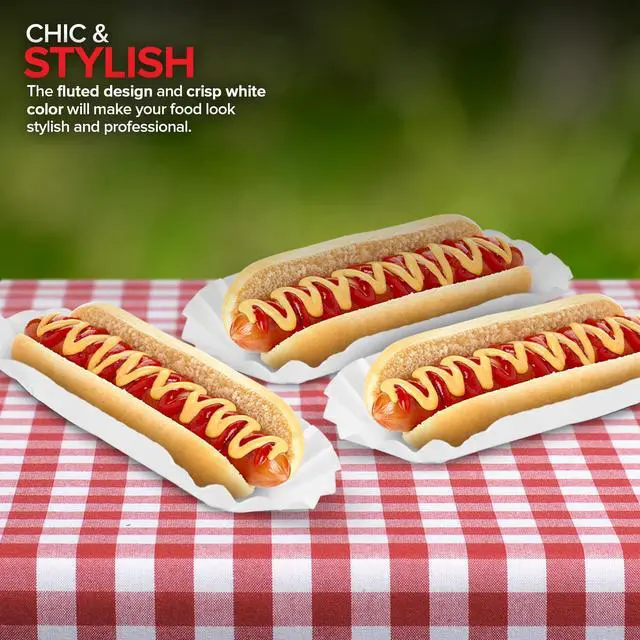 Alt view image 7 of 7 - Paper Hot Dog Trays (100 Pack) 6 Fluted Paper Hot Dog Liners - Disposable White Hot Dog Wrappers - Rectangular Food Trays for To-Go Orders, Takeout, Concessions Stands, Festivals