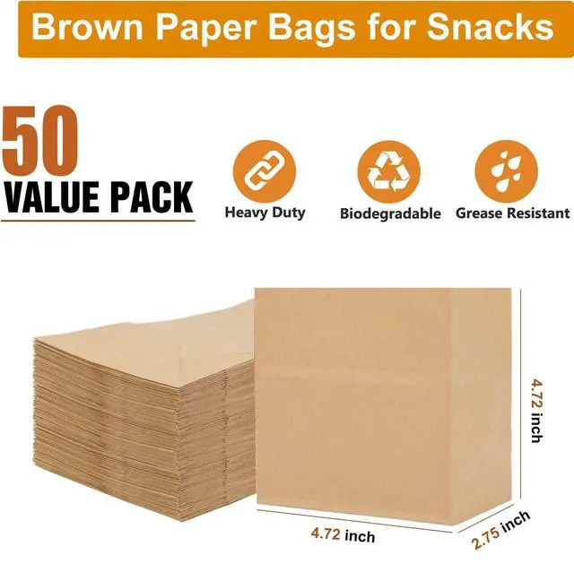 Alt view image 3 of 7 - Small Brown Paper Bags for Snacks,50 Pack,Greaseproof Kraft Paper Bags,Recyclable,and Biodegradable,Mini Paper Wrappers For Popcorn,Cookies,Fries,Crafts,Gift Wrapping in Bulk (50Pack Brown)