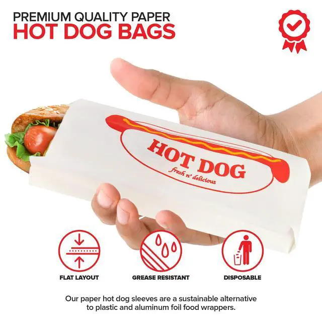 Alt view image 3 of 7 - Paper Hot Dog Bags (100 Pack) - Microwavable, Leak Resistant Sleeves for Food Stands, Food Trucks, Take Out, Delivery - Stock Your Home