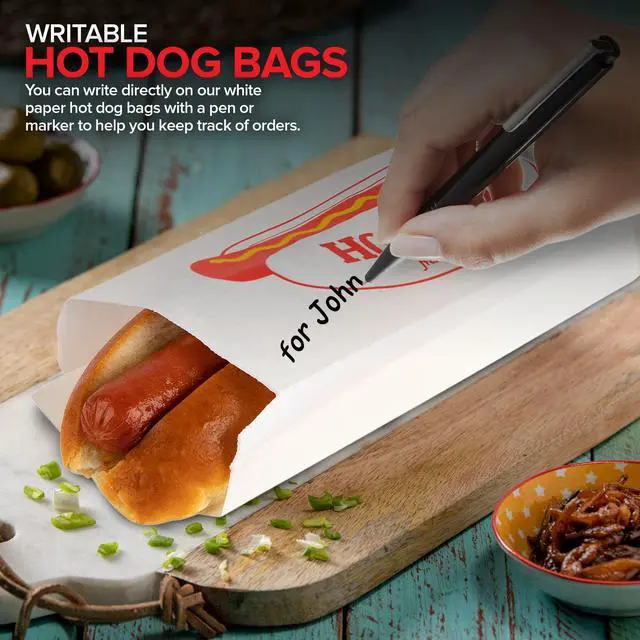 Alt view image 6 of 7 - Paper Hot Dog Bags (100 Pack) - Microwavable, Leak Resistant Sleeves for Food Stands, Food Trucks, Take Out, Delivery - Stock Your Home