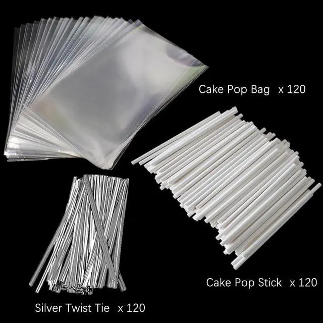 Alt view image 2 of 7 - Cake Pop Sticks and Wrappers Ties Kit, 360Pcs | 120ct 6 Inch Paper Lollipop Sticks, 120ct Cake Pop Parcel Bags, 120ct Silver Twist Ties, For Candy Making Packaging Supplies