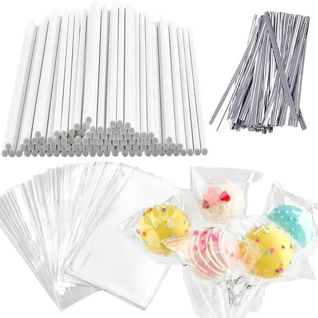 Main image of Cake Pop Sticks and Wrappers Ties Kit, 360Pcs | 120ct 6 Inch Paper Lollipop Sticks, 120ct Cake Pop Parcel Bags, 120ct Silver Twist Ties, For Candy Making Packaging Supplies