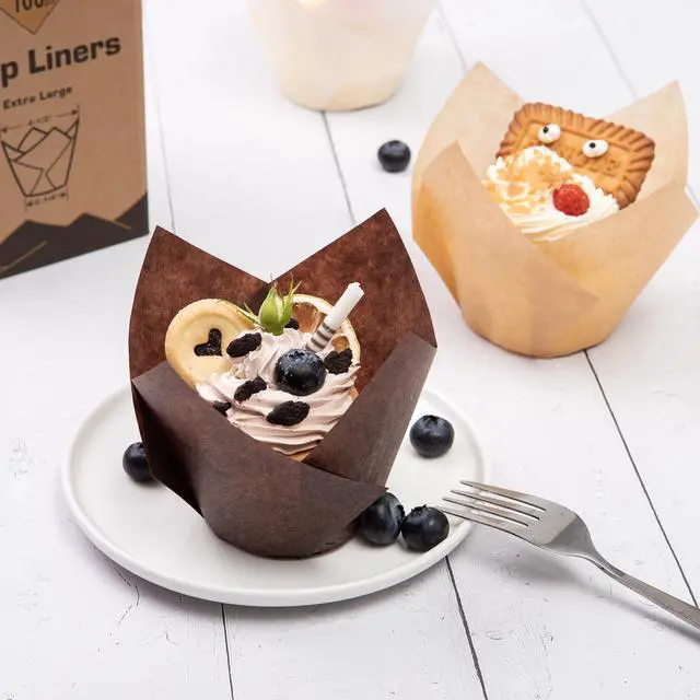Alt view image 2 of 3 - 100pcs Extra Large Brown Tulip Cupcake Liners for Baking | Food Grade, Non Stick, Greaseproof, Nordic Paper,Jumbo Muffin Liners,Cupcake Wrapper for Party, Christmas