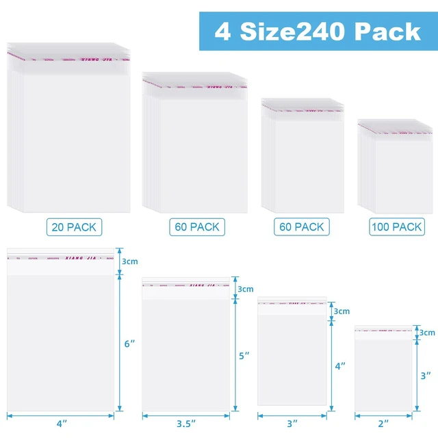 Alt view image 2 of 6 - 240 Pcs Cellophane Bags Sealing, 4 Size Clear for Candy | Resealable Cello Cookies Treats, Plastic Packaging Adhesive Wrapper, Clear Goodie Party Favors Bakery Supplies