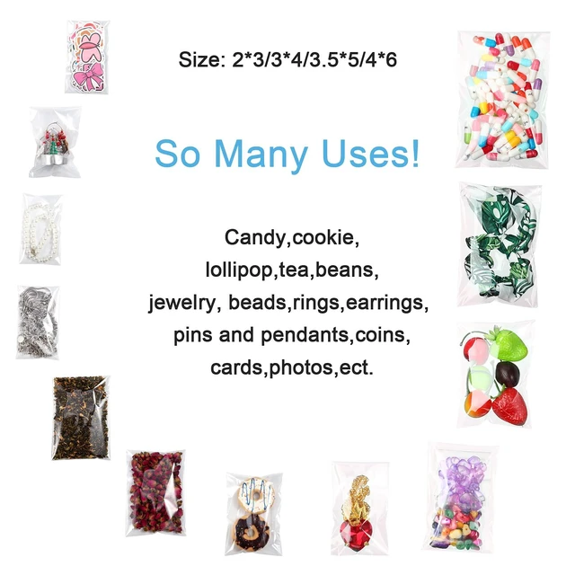 Alt view image 3 of 6 - 240 Pcs Cellophane Bags Sealing, 4 Size Clear for Candy | Resealable Cello Cookies Treats, Plastic Packaging Adhesive Wrapper, Clear Goodie Party Favors Bakery Supplies