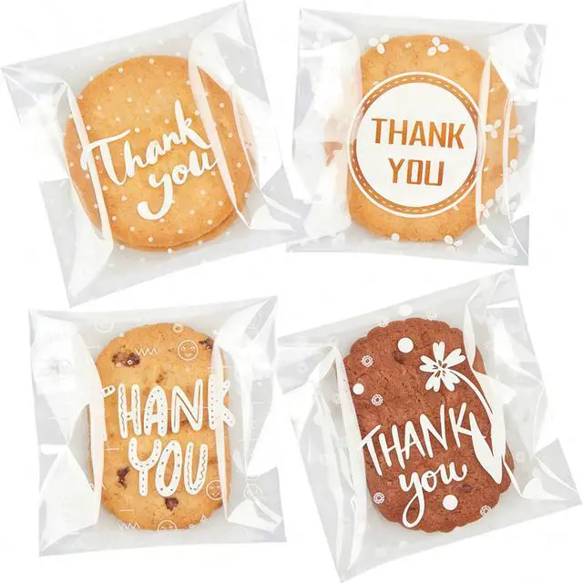 Main image of 300pcs Self-Adhesive Thank You Cookie Bags, 4x4 Inch White Polka Dot Clear Cellophane Treat Bags for Individual Dessert Pastry Goodie Candy Cookie Packaging, Party Favors, Bake Sale