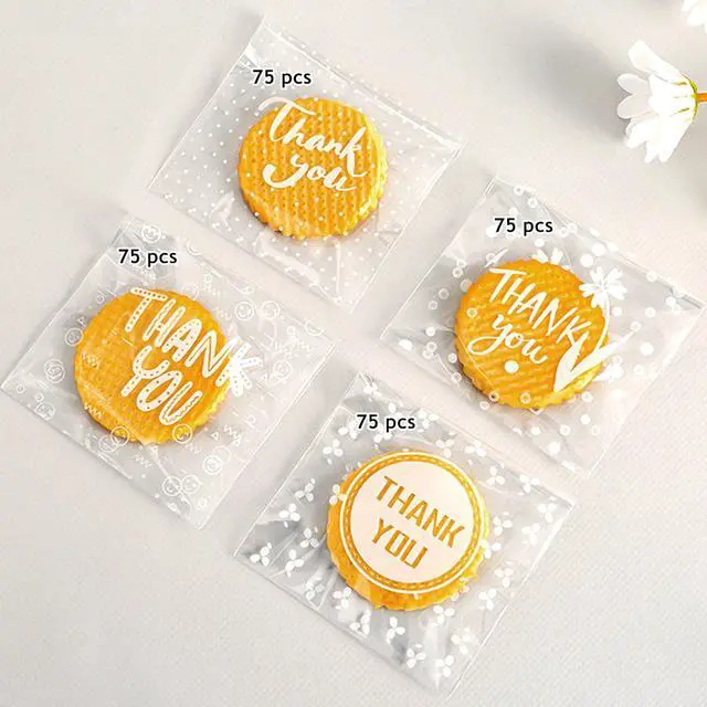 Alt view image 2 of 7 - 300pcs Self-Adhesive Thank You Cookie Bags, 4x4 Inch White Polka Dot Clear Cellophane Treat Bags for Individual Dessert Pastry Goodie Candy Cookie Packaging, Party Favors, Bake Sale