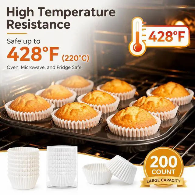 Alt view image 4 of 7 - 200 Count Non-stick Standard White Cupcake Liners, Food-grade Parchment Muffin Liners, Greaseproof Baking Cups for Cupcakes, Muffins and Nuts
