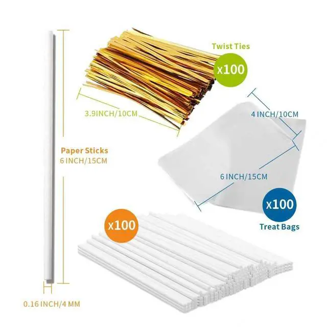 Alt view image 2 of 7 - 300Pcs 6 Inch(4MM DIA) Cake Pops Sticks,Lollipop Sticks, Cake pop Bags and Wrappers Chocolates and Cookies Set Including 100 Parcel Bags, 100 Papery Treat Stick, 100 Colorful Metallic Twist Ties