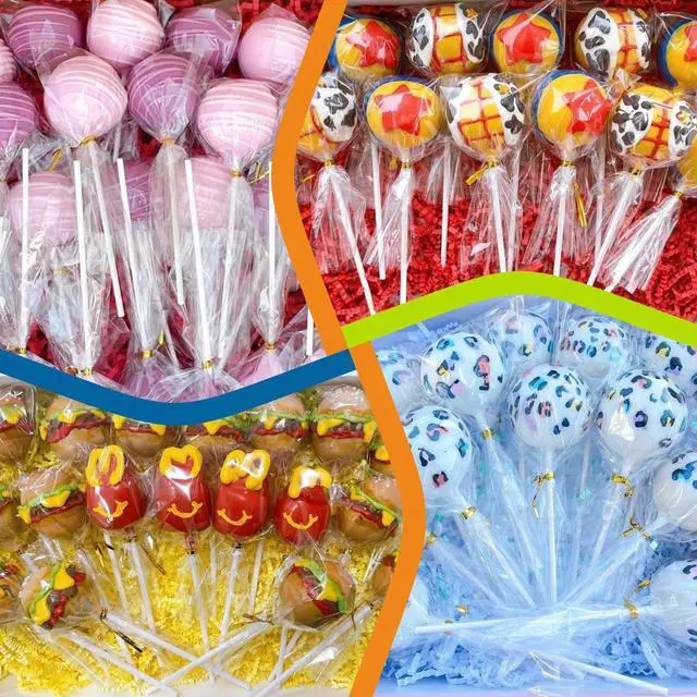 Alt view image 4 of 7 - 300Pcs 6 Inch(4MM DIA) Cake Pops Sticks,Lollipop Sticks, Cake pop Bags and Wrappers Chocolates and Cookies Set Including 100 Parcel Bags, 100 Papery Treat Stick, 100 Colorful Metallic Twist Ties