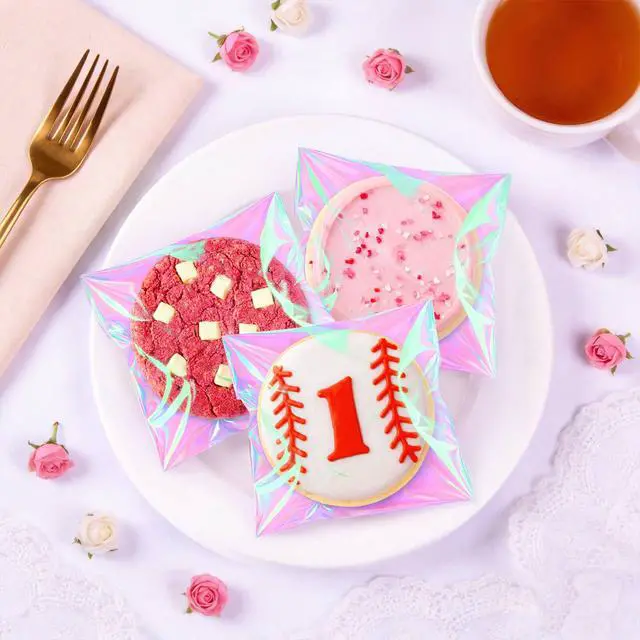 Alt view image 3 of 6 - 4x4 Inch Cookie Bags with Seals, Iridescent Self Adhesive Sealing Cellophane Brownie Wrappers Bags, Holographic Individual Treat Plastic Bags for Gift, Baking, Snack Packaging (100 Pcs)