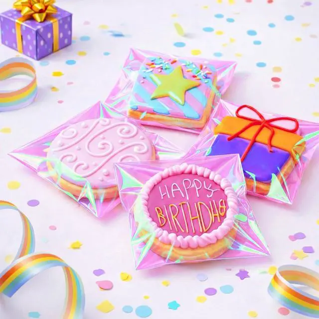 Alt view image 4 of 6 - 4x4 Inch Cookie Bags with Seals, Iridescent Self Adhesive Sealing Cellophane Brownie Wrappers Bags, Holographic Individual Treat Plastic Bags for Gift, Baking, Snack Packaging (100 Pcs)