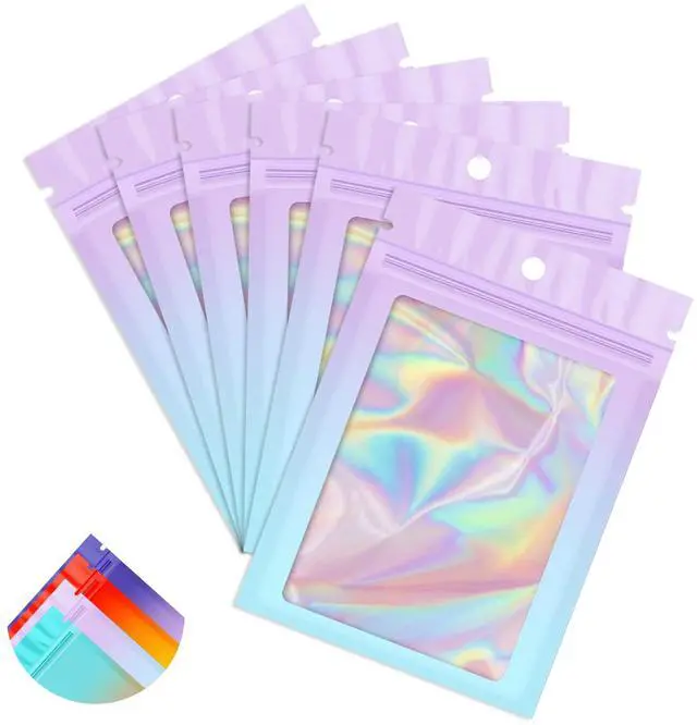 Main image of 100 Pack Gradient Holographic Bags,2.7×3.9In Mylar Resealable Bags with Zipper,Clear Window Packaging Pouch,Smell Proof Foil Bag for Food Storage,Sample Jewelry Baggies(Purple Blue)