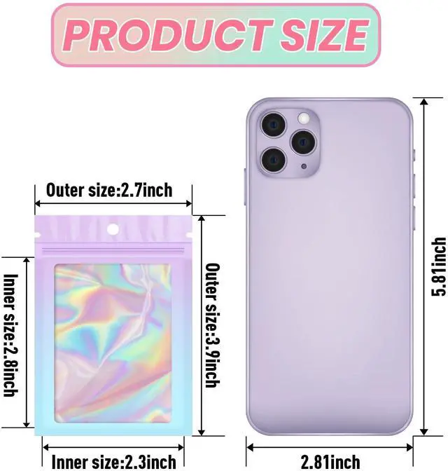 Alt view image 2 of 7 - 100 Pack Gradient Holographic Bags,2.7×3.9In Mylar Resealable Bags with Zipper,Clear Window Packaging Pouch,Smell Proof Foil Bag for Food Storage,Sample Jewelry Baggies(Purple Blue)