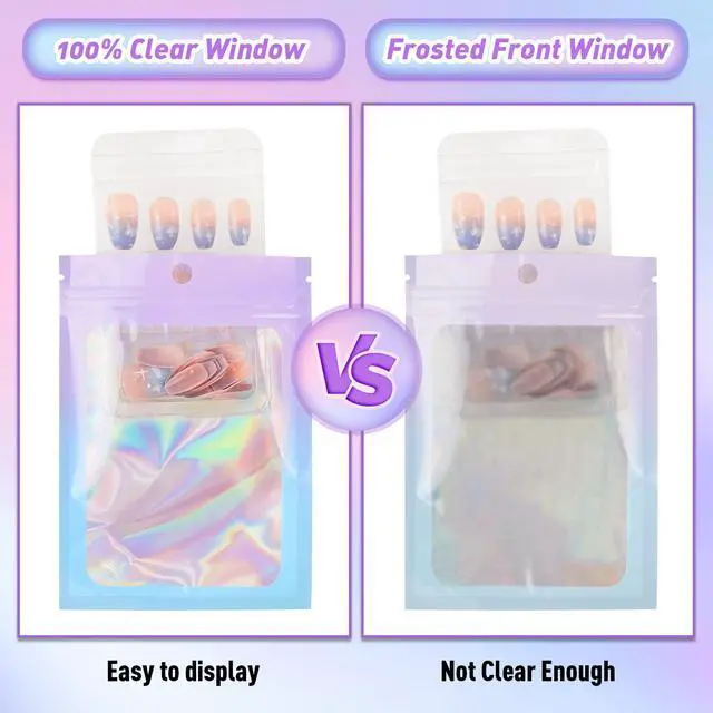 Alt view image 3 of 7 - 100 Pack Gradient Holographic Bags,2.7×3.9In Mylar Resealable Bags with Zipper,Clear Window Packaging Pouch,Smell Proof Foil Bag for Food Storage,Sample Jewelry Baggies(Purple Blue)