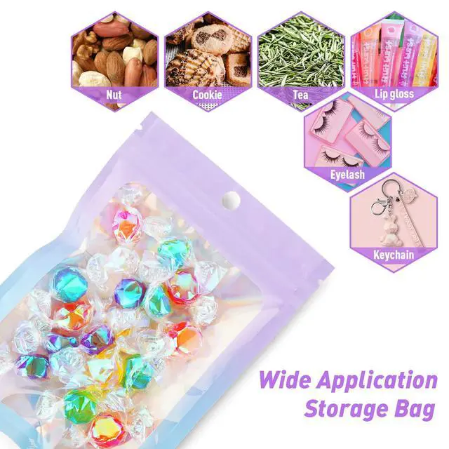 Alt view image 5 of 7 - 100 Pack Gradient Holographic Bags,2.7×3.9In Mylar Resealable Bags with Zipper,Clear Window Packaging Pouch,Smell Proof Foil Bag for Food Storage,Sample Jewelry Baggies(Purple Blue)