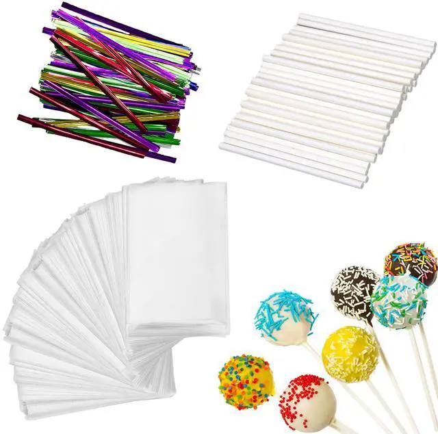 Main image of 300 Pop Sticks and Wrappers Kit for CakePop, Chocolate and Cookies | Including 100ct 4-inch Papery Lollipop Treat Sticks, 100ct Clear Parcel Bags, 100ct Colorful Twist Ties