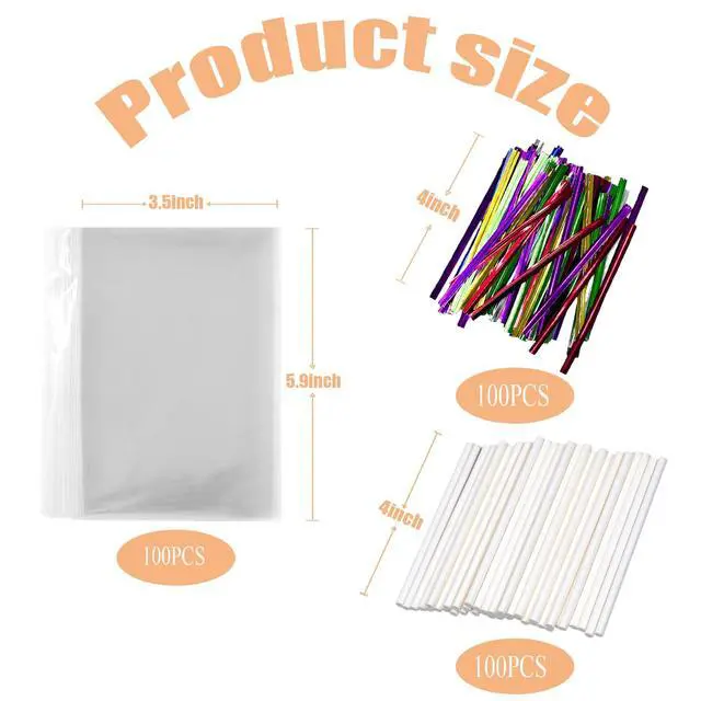 Alt view image 2 of 6 - 300 Pop Sticks and Wrappers Kit for CakePop, Chocolate and Cookies | Including 100ct 4-inch Papery Lollipop Treat Sticks, 100ct Clear Parcel Bags, 100ct Colorful Twist Ties