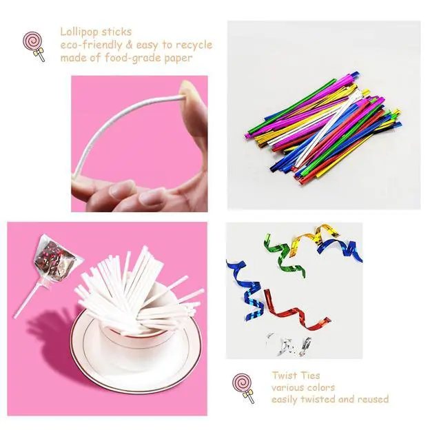 Alt view image 4 of 6 - 300 Pop Sticks and Wrappers Kit for CakePop, Chocolate and Cookies | Including 100ct 4-inch Papery Lollipop Treat Sticks, 100ct Clear Parcel Bags, 100ct Colorful Twist Ties