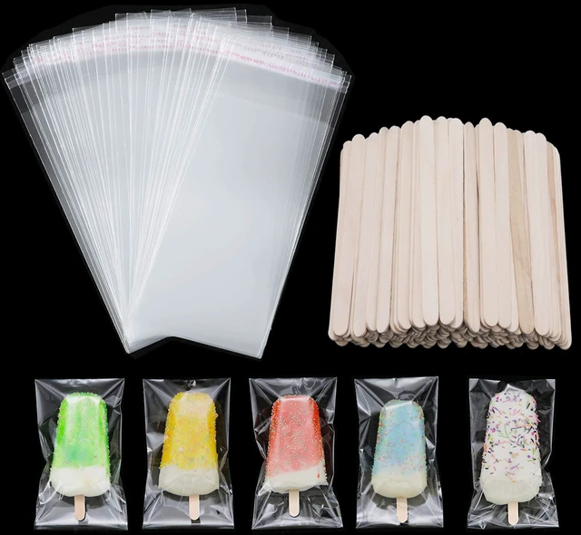 Main image of 200 Pieces Ice Cream Sticks and Bags Set, 4.49 Inch, 8.27 x 3.15 Inch | Self Adhesive Clear Plastic Bags, Disposable Wooden Sticks, Ice Pop Craft Tool, for Cakesicle Wrappers, DIY Frozen Treats