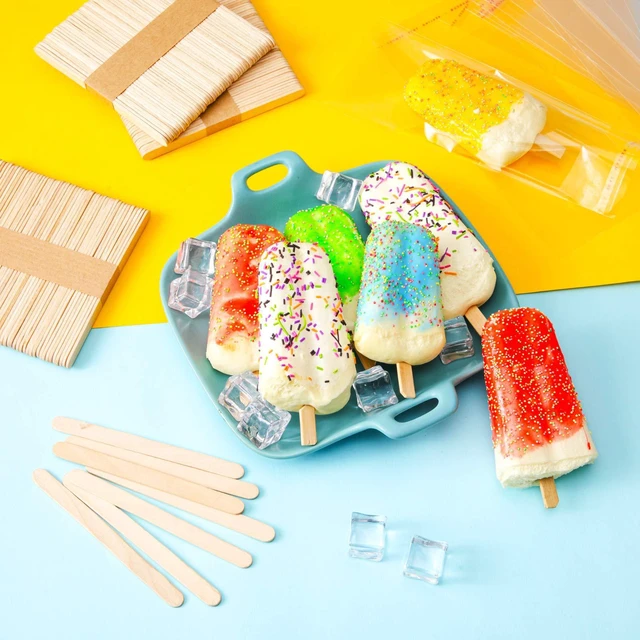 Alt view image 2 of 7 - 200 Pieces Ice Cream Sticks and Bags Set, 4.49 Inch, 8.27 x 3.15 Inch | Self Adhesive Clear Plastic Bags, Disposable Wooden Sticks, Ice Pop Craft Tool, for Cakesicle Wrappers, DIY Frozen Treats